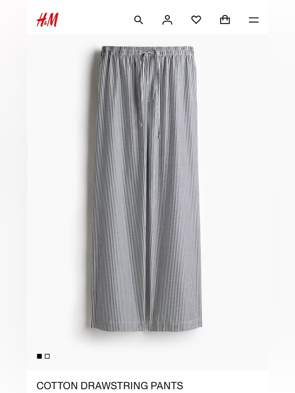 H&M Womens White & Navy Blue Striped Cotton Drawstring Pants -Size Medium -NWOT
